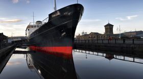 Fingal ship reflected in calm water at Leith dry dock Fingal ship reflected in calm water at Leith dry dock