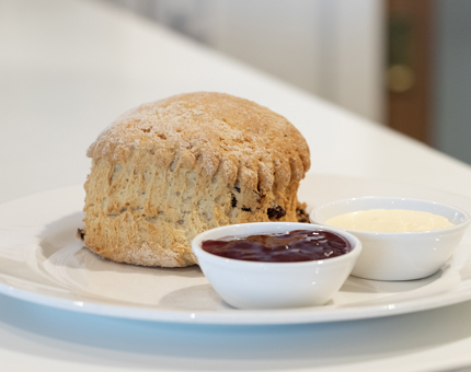 A scone on a plate with a small dish of jam and clotted cream. 