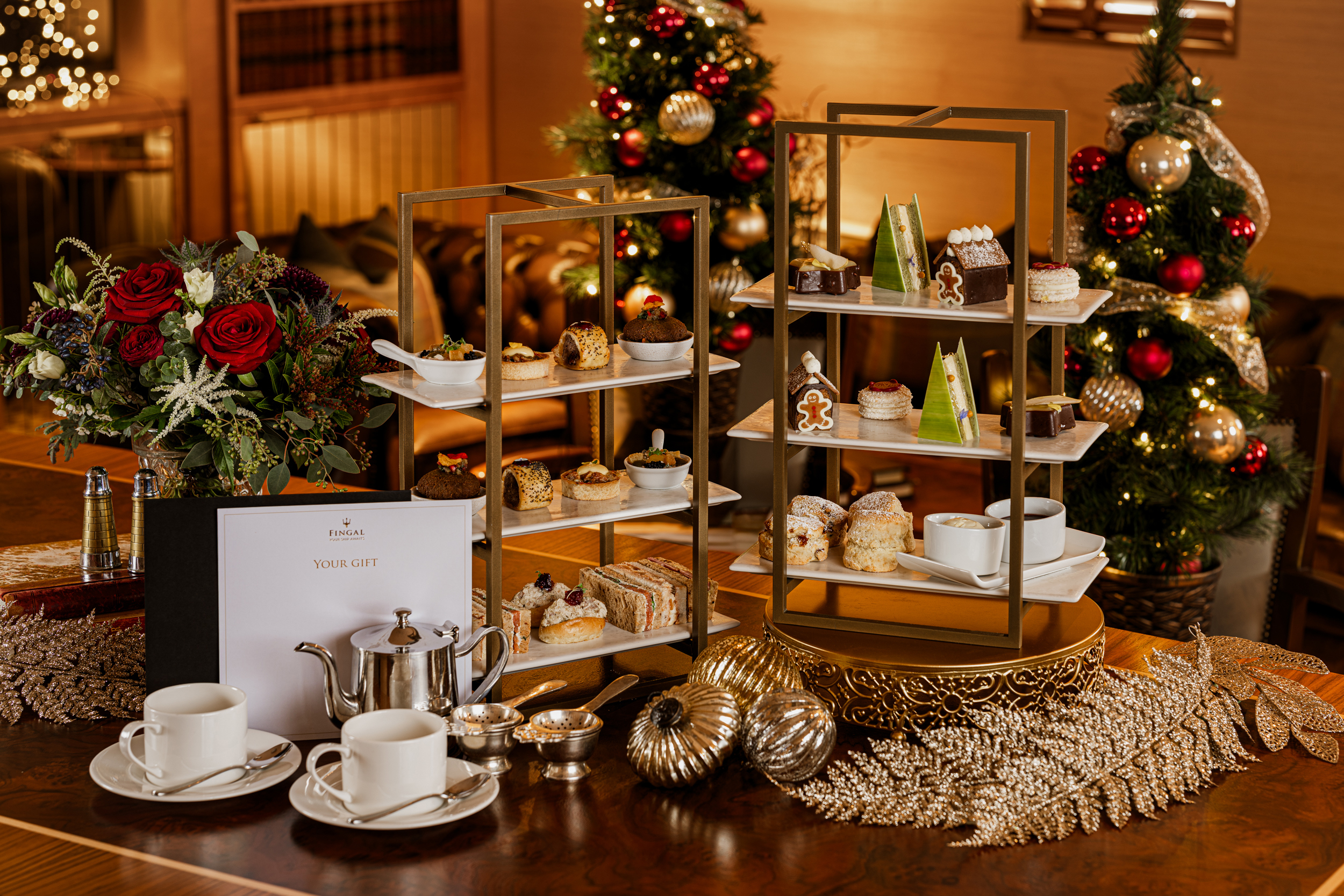 Fingal's Festive Afternoon Tea with Gift Voucher in a restaurant that's decorated for christmas in Leith.