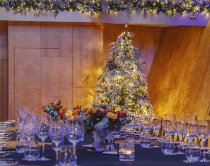 Fingal Hotel's Ballroom with a Christmas tree and a table set. 