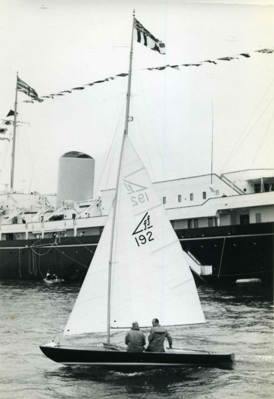 The Duke of Edinburgh aboard Coweslip with Uffa Fox who designed and built the yacht