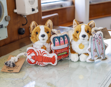 Two corgi plush toys with ocean themed dog toys from Britannia's Shop. 