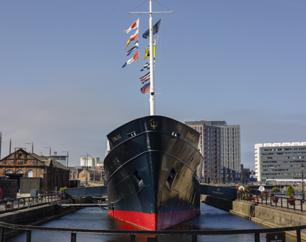 An exterior shot of Fingal Hotel berthed in the Port of Leith.