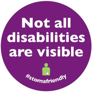 The logo for 'Stoma Friendly'. A purple circle with white text that says 'Not all disabilities are visible #stomafriendly'.