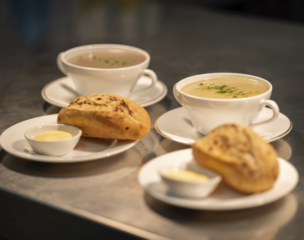 Cullen Skink and daily special soup mushroom with bread rolls.