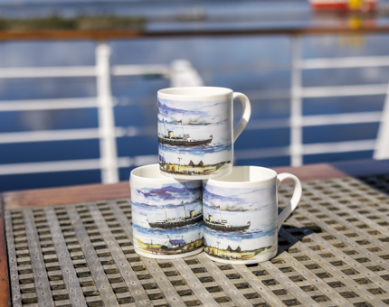 A stack of three mugs featuring watercolour paintings of Britannia. 