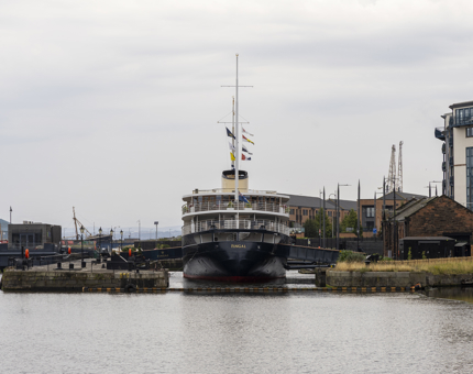 A view of Fingal Hotel berthed in the Port of Leith. 