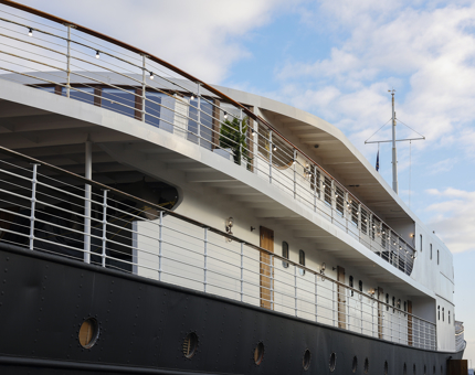 A side view of Fingal Hotel, a ship hotel in Leith. 