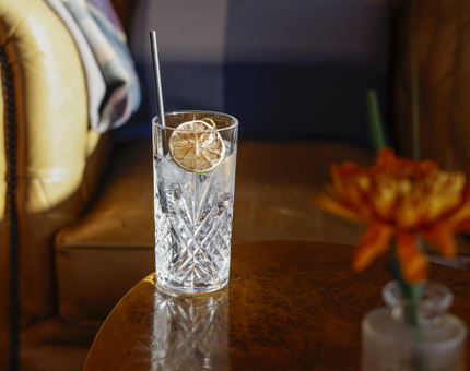 A gin and tonic on a table in Fingal's Lighthouse Restaurant. 