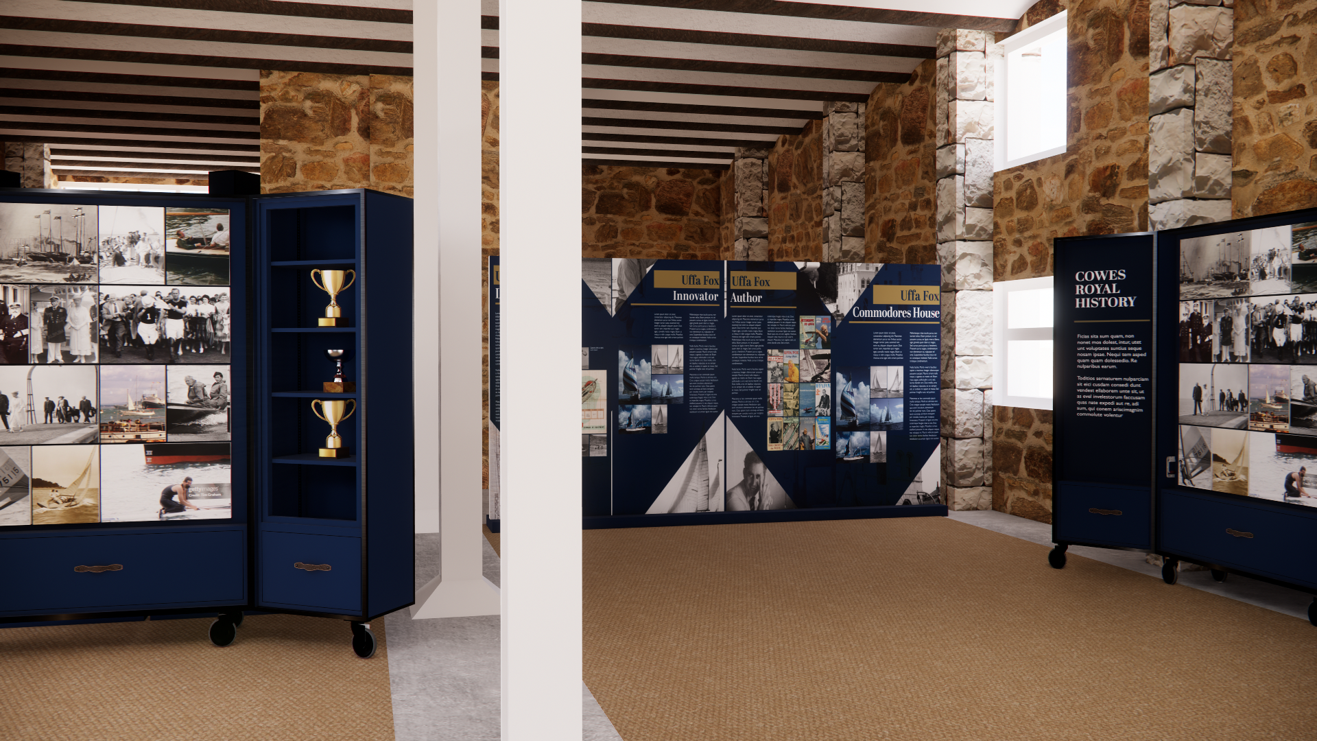 Panels are set up the Sailing Through Royal History Exhibition in Cowes