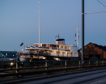 A view of Fingal Hotel in the twilight from the roadside. 