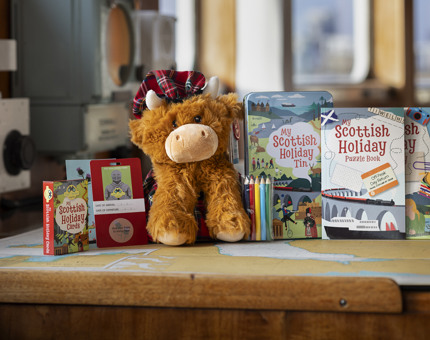 My Scottish Holiday Tin and Kilted Highland Cow in the Gift Shop