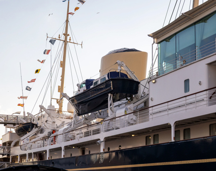A Port Side Exterior View Of Britannia From The Quayside in the Port of Leith. 