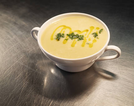 A bowl of Britannia's Signature Soup, Cream Of Cullen Skink. 