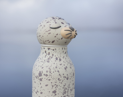 A water bottle made in the form of a grey seal. 