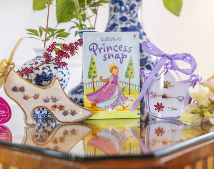 Shop products, a Usborne Princess snap game and items from the Princess jewellry range are leaning against a blue and white vase.