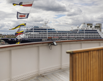 A view of a cruise ship in the Port of Leith from Britannia.
