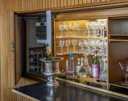 A drinks cabinet in the Sun Lounge aboard Britannia in Leith. 