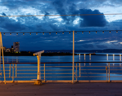 The telescope on the Verandah Deck at dusk. 