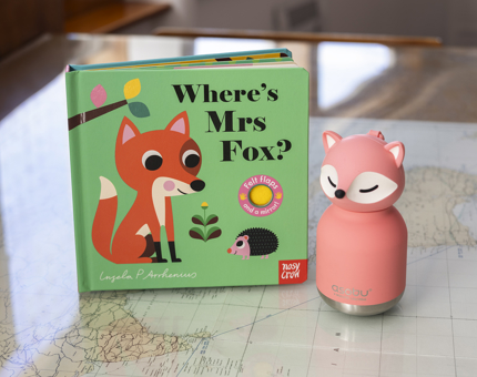 An illustrated children's book called 'Where's Mrs Fox' and a small fox shaped water bottle. 
