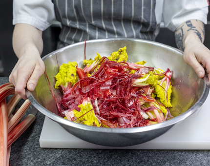 A close up of hands holding a silver bowl full of chopped up rhubarb. 