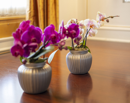 Two small silver vases with purple and white orchids. 