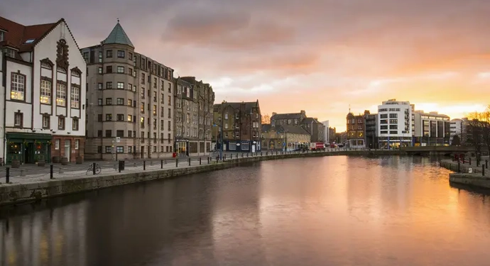 Sunset Over The Water Of Leith at The Shore In Edinburgh