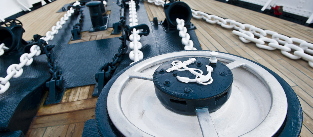 Chains on the front deck of the ship